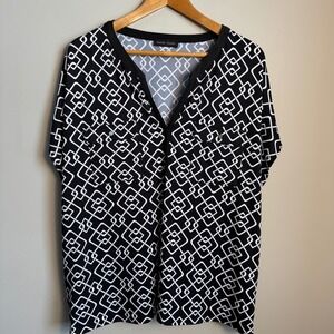 Mandy Evans Womens‎ Black White Geometric Print V-Neck Short Sleeve Blouse 2X